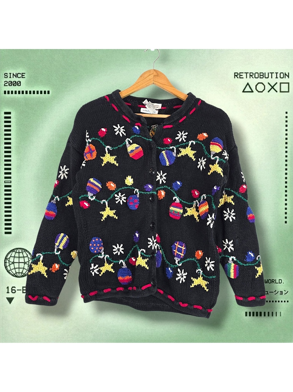 Vintage 90s Christmas Hand Knit Cardigan Sweater Black Size S